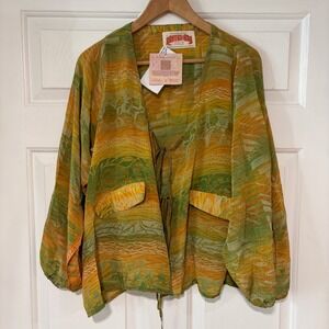 NEW Kantha Bae Daisy Silk Tie Front Top Green Yellow Oversize Loose Earthy Flowy